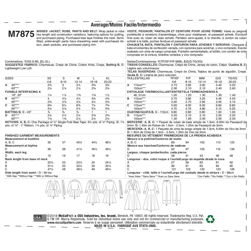 Patron McCall's 7875.Y - Veste, peignoir, pantalon