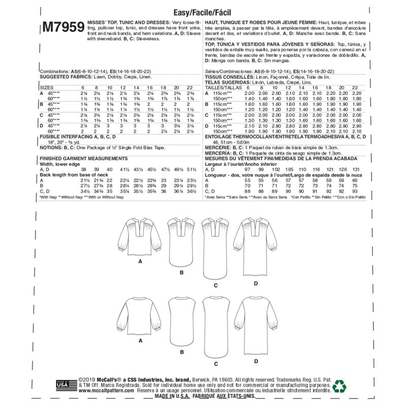 Patron McCall's 7959.A5 - Haut, tunique et robes