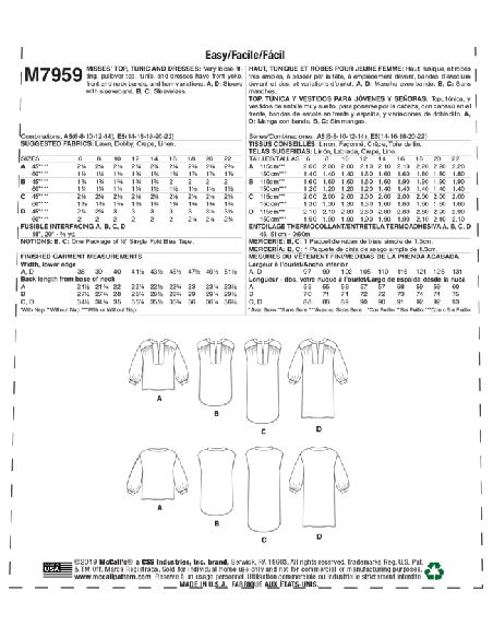 Patron McCall's 7959.A5 - Haut, tunique et robes