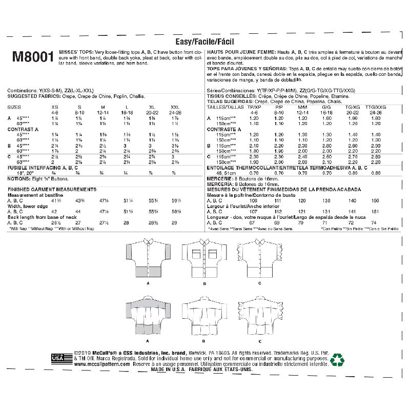 Patron McCall's 8001.Y - Hauts