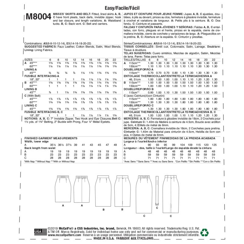 Patron McCall's 8004.A5 - Jupes