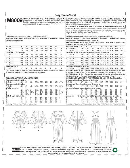 Patron McCall's 8009.A5 - Barboteuse et combinaisons
