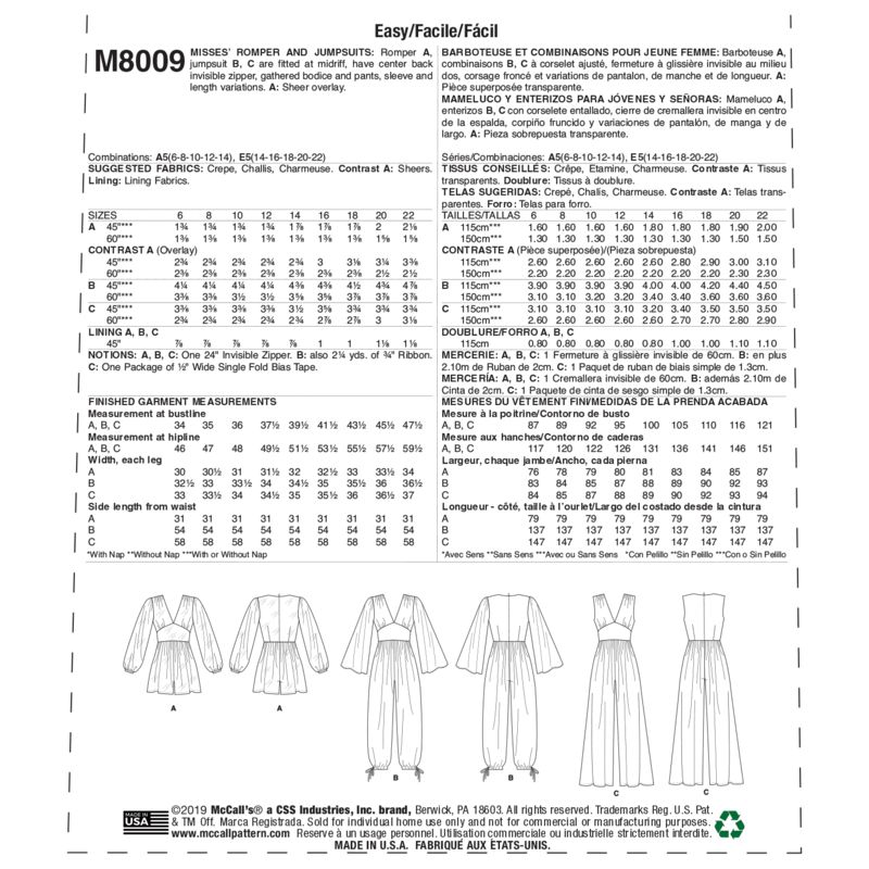 Patron McCall's 8009.A5 - Barboteuse et combinaisons