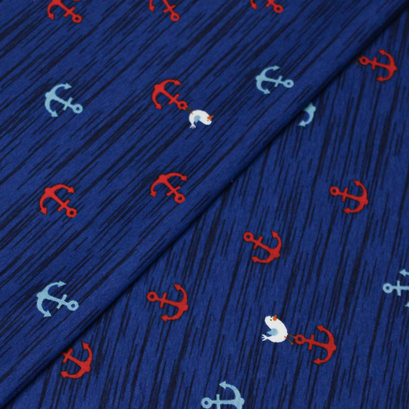 Jersey imprimé coton & élasthanne -  Ancre rouge fond marine