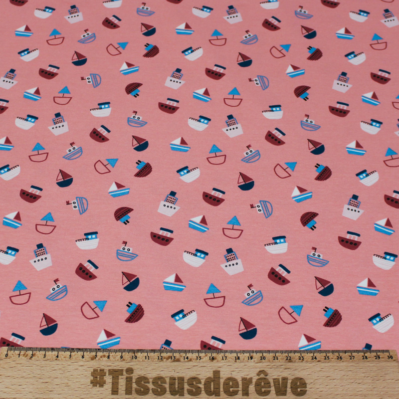 Jersey imprimé coton & élasthanne -  Bateau bleu fond rose