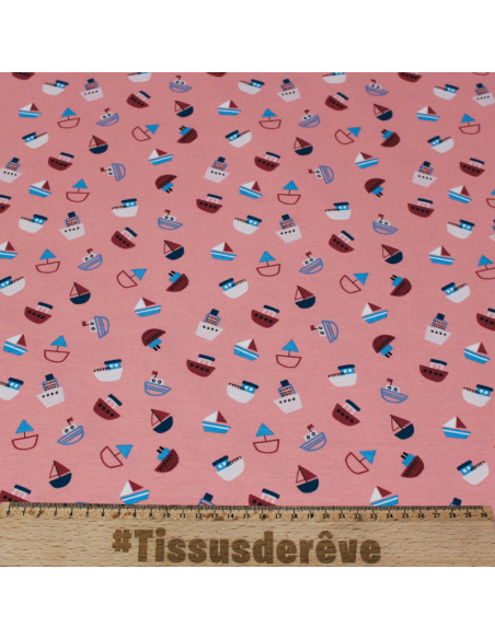 Jersey imprimé coton & élasthanne -  Bateau bleu fond rose