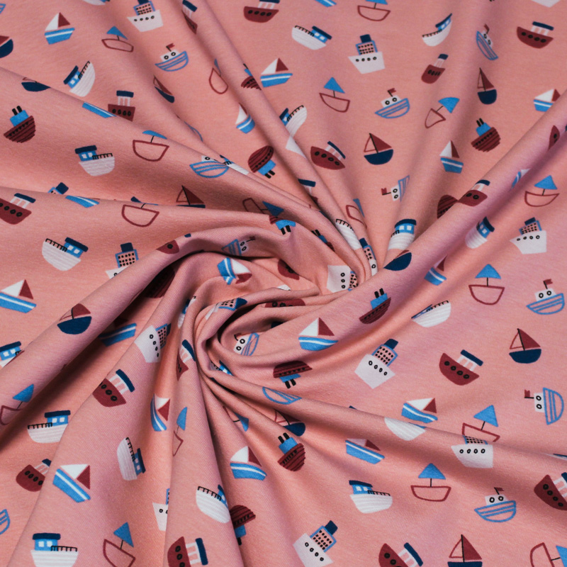 Jersey imprimé coton & élasthanne -  Bateau bleu fond rose