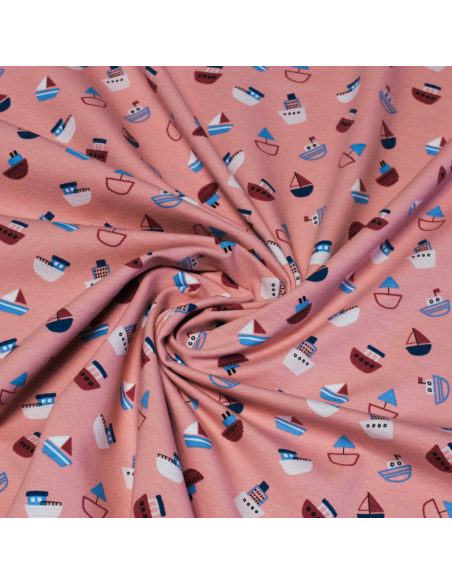 Jersey imprimé coton & élasthanne -  Bateau bleu fond rose