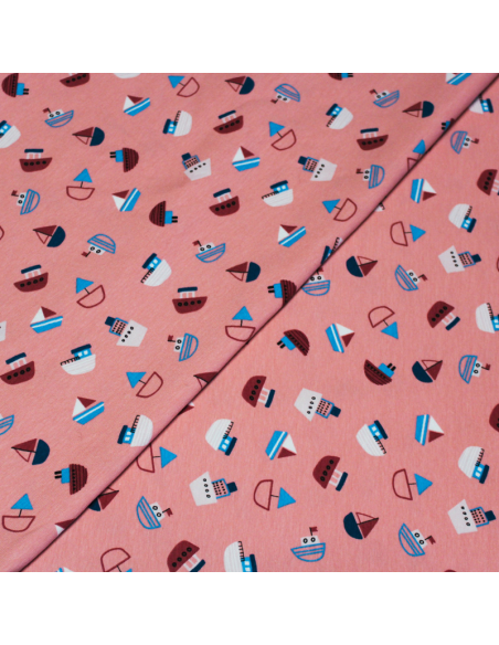 Jersey imprimé coton & élasthanne -  Bateau bleu fond rose