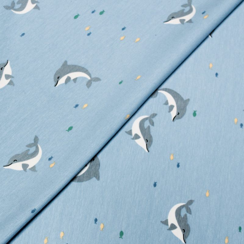 Jersey imprimé coton & élasthanne -  Dauphin gris fond bleu