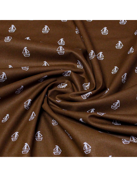 Popeline 100% coton - Voilier fond marron