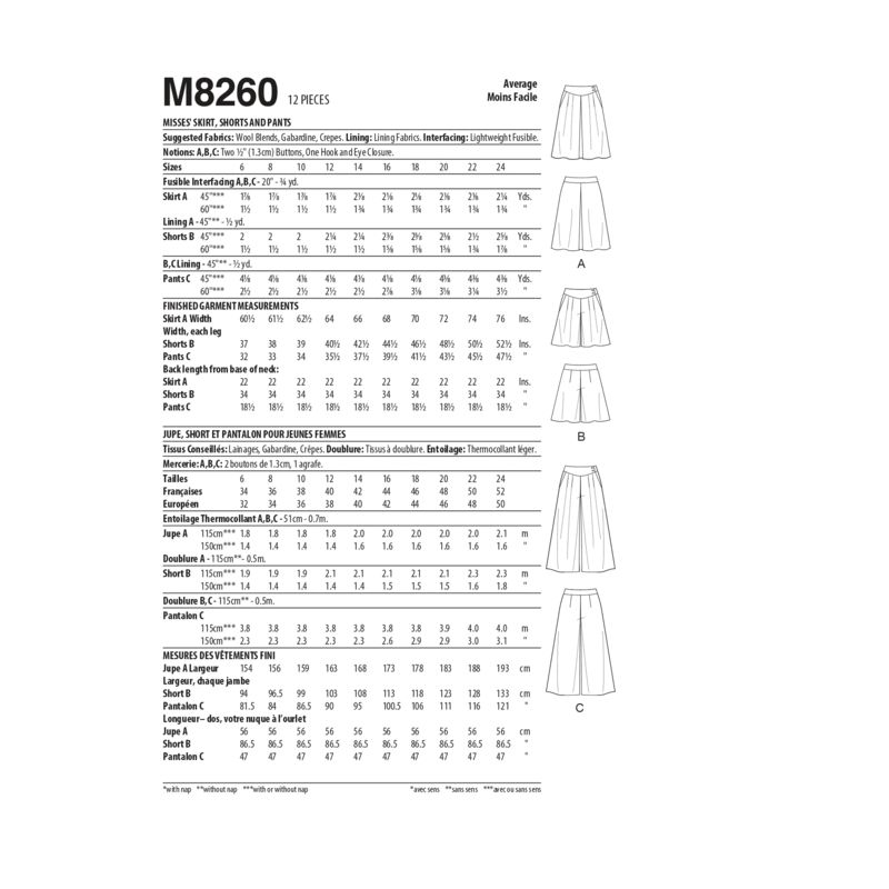 Patron McCall's 8260.A5 - Jupe, short et pantalon