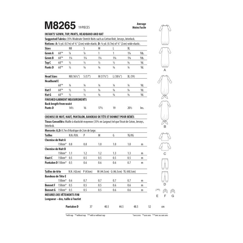 Patron McCall's 8265.YA5 - Chemise de nuit, haut, pantalon, bandeau et bonnet