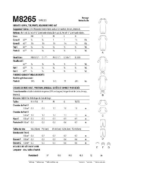 Patron McCall's 8265.YA5 - Chemise de nuit, haut, pantalon, bandeau et bonnet