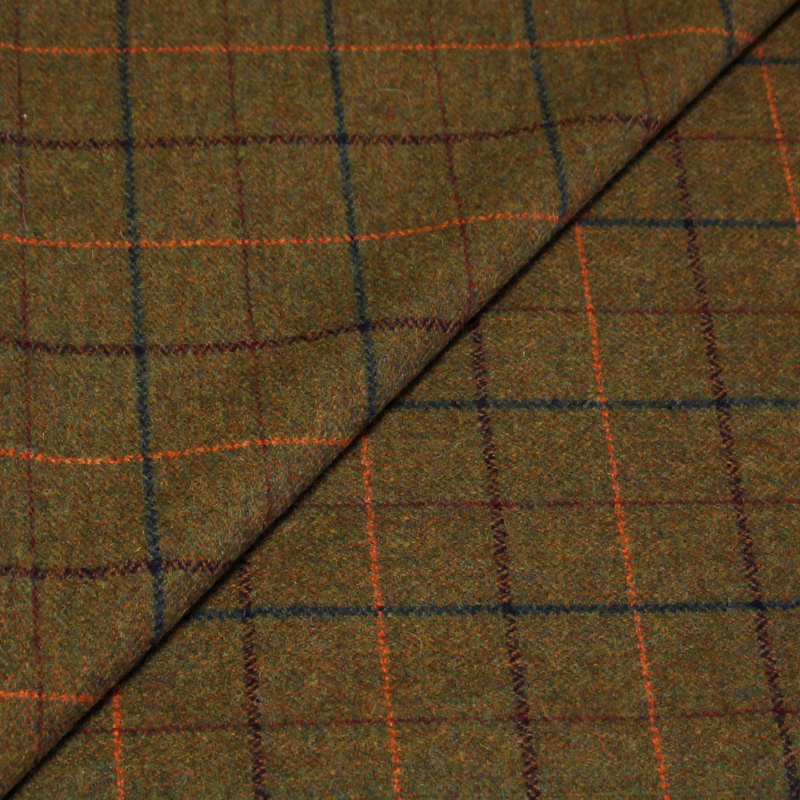 Tweed 100% laine - Carreaux multicolore fond kaki