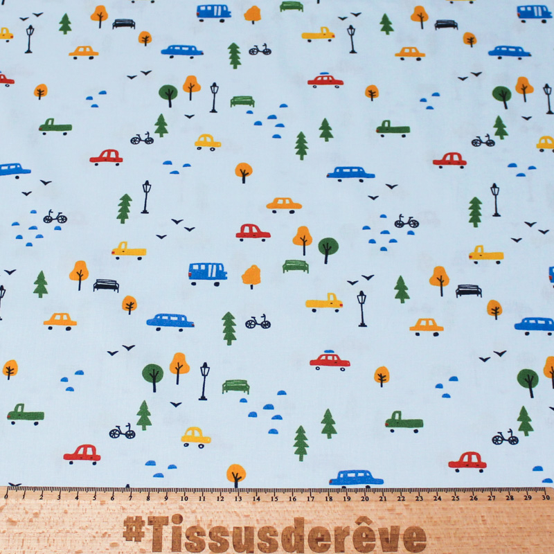 Popeline 100% coton - Ville fond bleu clair