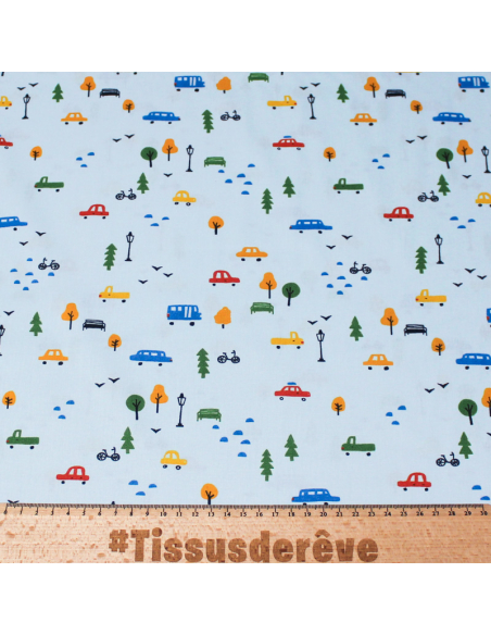 Popeline 100% coton - Ville fond bleu clair