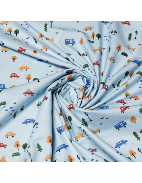 Popeline 100% coton - Ville fond bleu clair