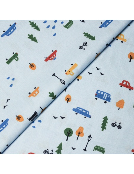 Popeline 100% coton - Ville fond bleu clair