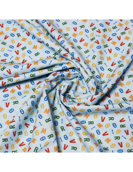 Popeline 100% coton - Lettre fond bleu clair