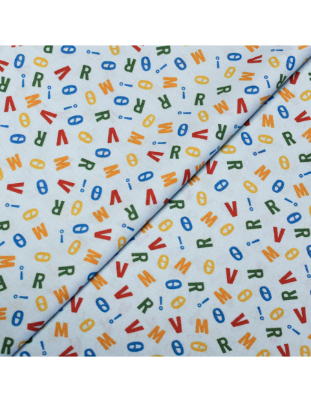 Popeline 100% coton - Lettre fond bleu clair