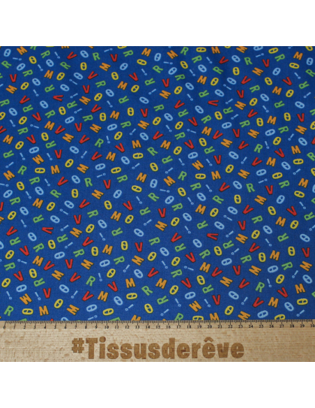 Popeline 100% coton - Lettre fond bleu