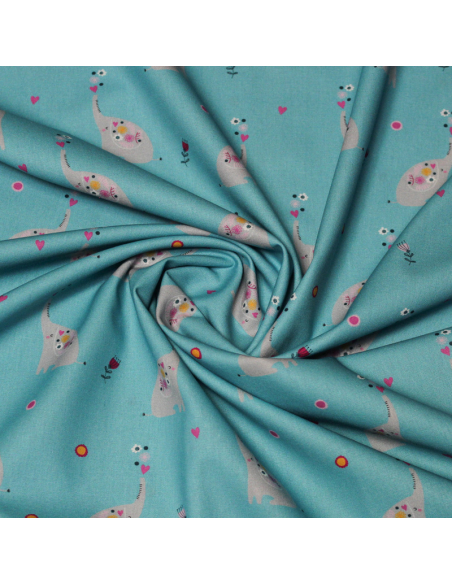 Popeline 100% coton - Motif elephant fond bleu