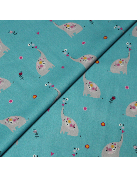 Popeline 100% coton - Motif elephant fond bleu