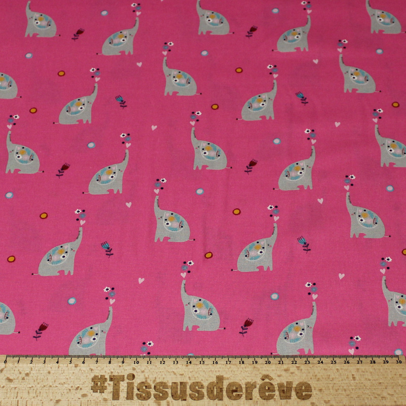 Popeline 100% coton - Motif elephant fond rose vif