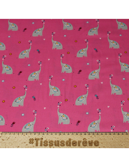 Popeline 100% coton - Motif elephant fond rose vif