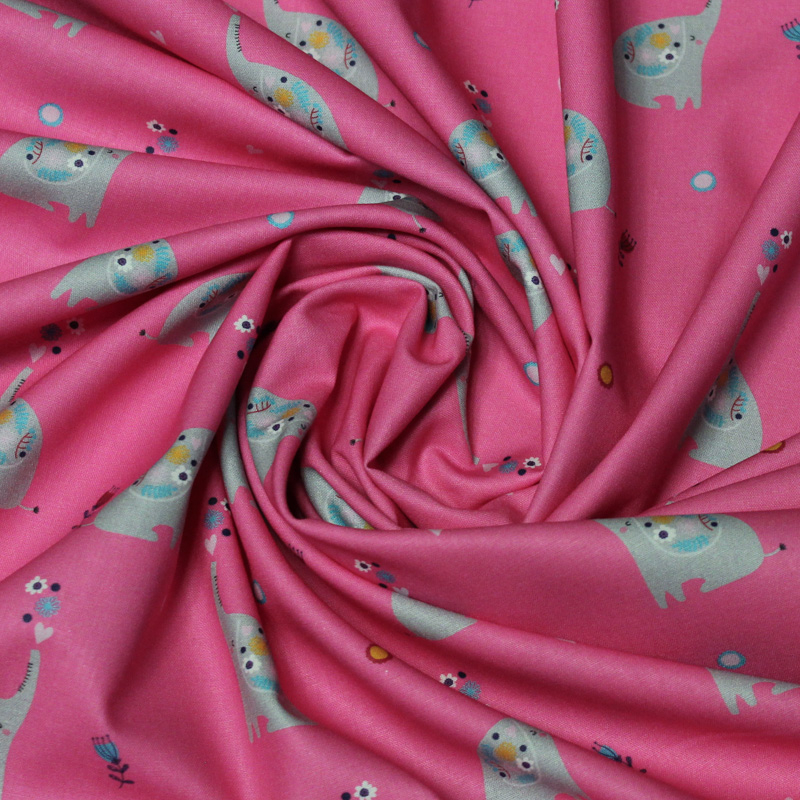Popeline 100% coton - Motif elephant fond rose vif