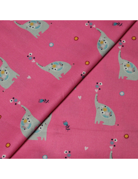 Popeline 100% coton - Motif elephant fond rose vif