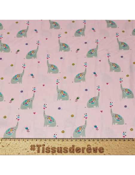 Popeline 100% coton - Motif elephant fond rose clair