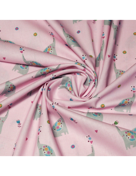 Popeline 100% coton - Motif elephant fond rose clair