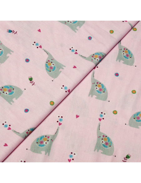 Popeline 100% coton - Motif elephant fond rose clair