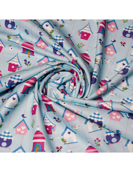 Popeline 100% coton - Motif maison d'oiseau coloré fond bleu