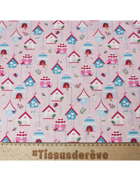 Popeline 100% coton - Motif maison oiseau fond rose
