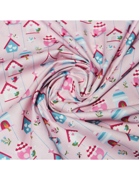 Popeline 100% coton - Motif maison oiseau fond rose