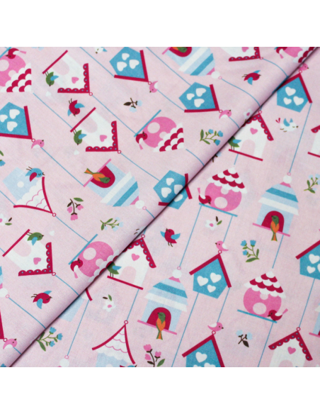 Popeline 100% coton - Motif maison oiseau fond rose