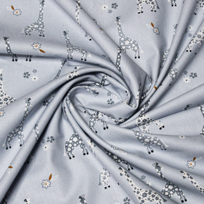 Popeline 100% coton - Motif girafe fond bleu charrette 2