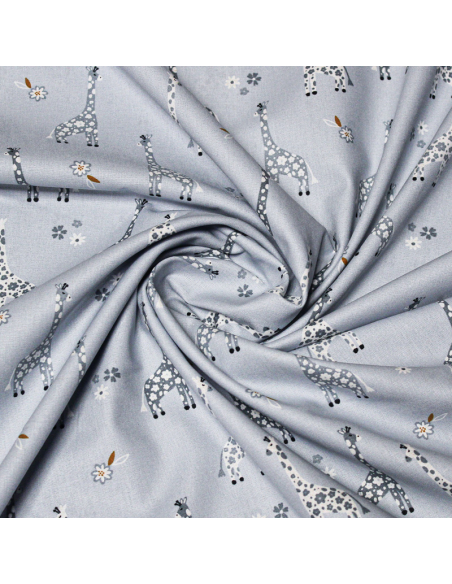 Popeline 100% coton - Motif girafe fond bleu charrette