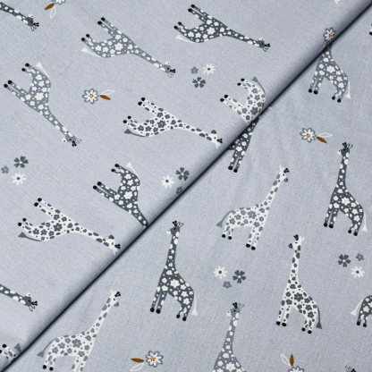 Popeline 100% coton - Motif girafe fond bleu charrette