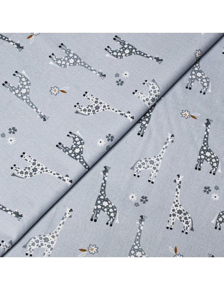 Popeline 100% coton - Motif girafe fond bleu charrette