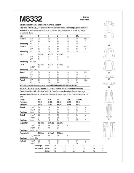 Patron McCall's 8332.A - Veste, pantalon, tablier et calotte de chef