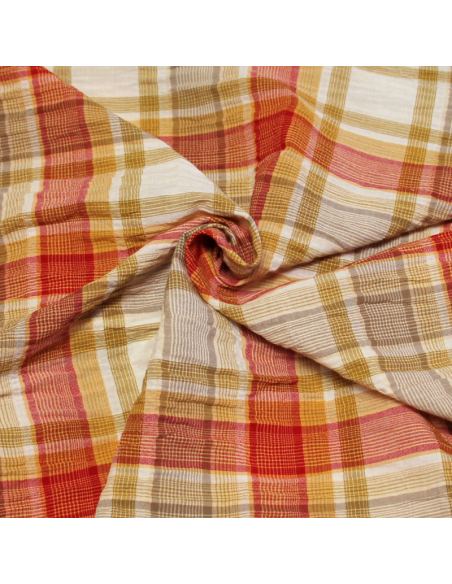 Tissu chemise bubble - Carreaux ton rouge & jaune