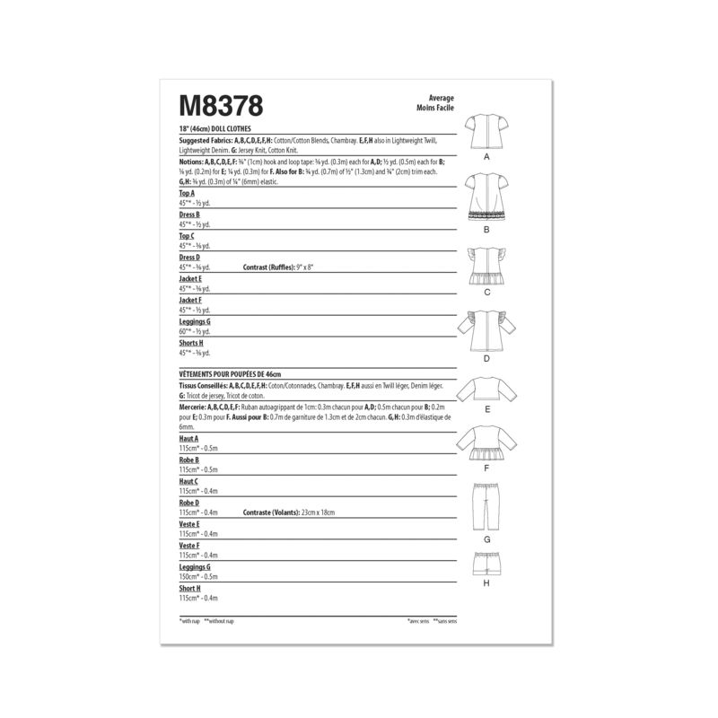 Patron McCall's 8378.OS - Vêtements pour poupée de 46cm