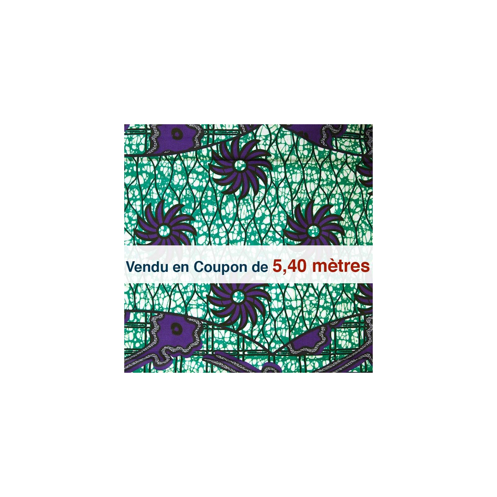 Tissu Africain - Wax mécanisme violet fond vert marbré( coupon de 5,40 mètres)