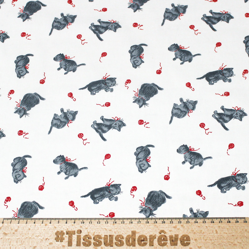 Piqué 100% coton milleraies - Chat et pelote de laine rouge