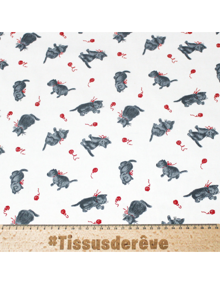 Piqué 100% coton milleraies - Chat et pelote de laine rouge