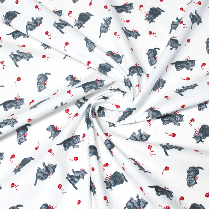 Piqué 100% coton milleraies - Chat et pelote de laine rouge